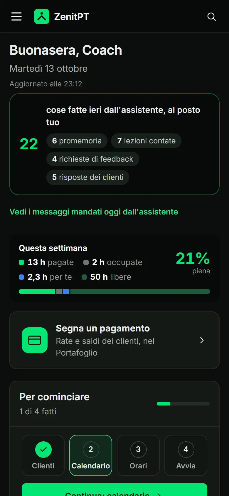 App ZenitPT, Panoramica: le cose fatte ieri dall'assistente, le ore della settimana e il tasto Segna un pagamento